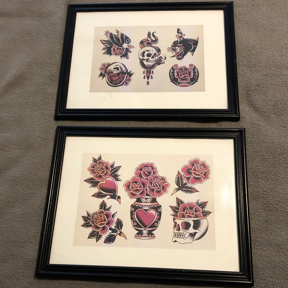 Framed Day of the Dead Tattoo Flash Art, Plastic 9.5” x 12” Frame Skulls Flowers